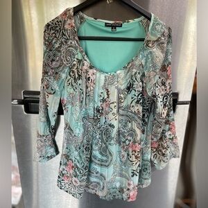 SARA MICHELLE 3/4 sleeve teal base with‎ browns pinks, yellow women’s size S top